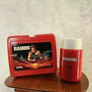 Rambo Lunchbox w/ Thermos Cup 1985 Vintage Red Plastic Collectible Set‎